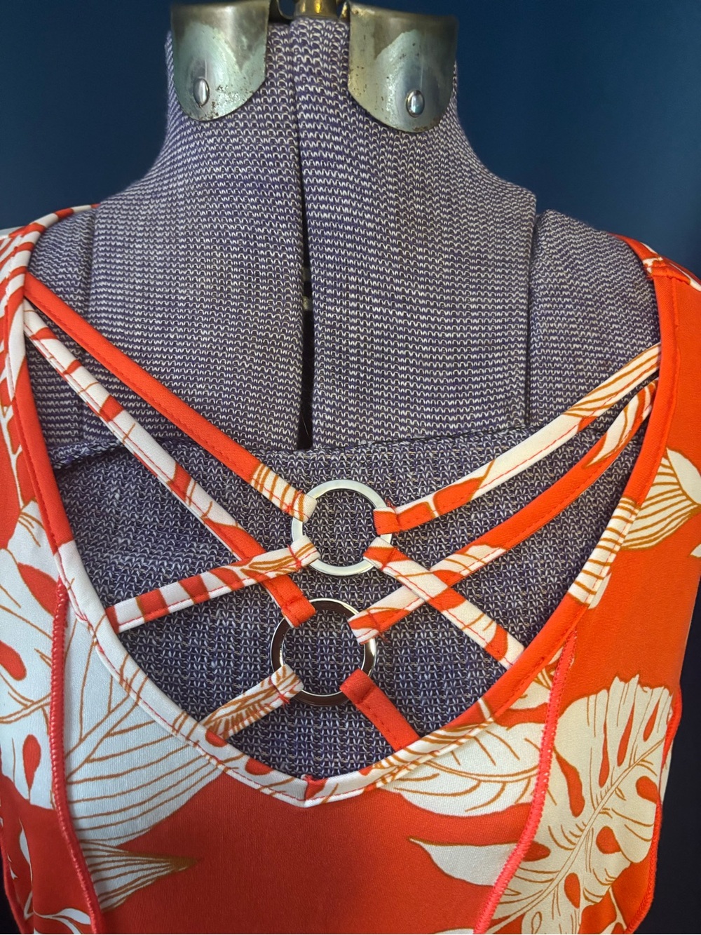 Sami & Jo Orange Tropical Print Dress with Strappy V-Front & Rings - orig $70 - Picture 9 of 10